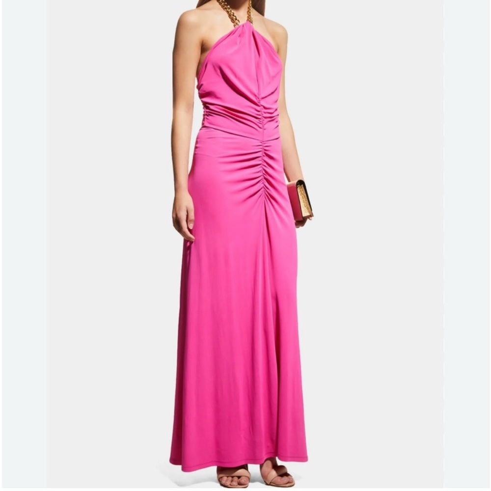 Veronica Beard Rezze Chain Embellished Ruched Stretch Jersey Halter-neck Maxi
